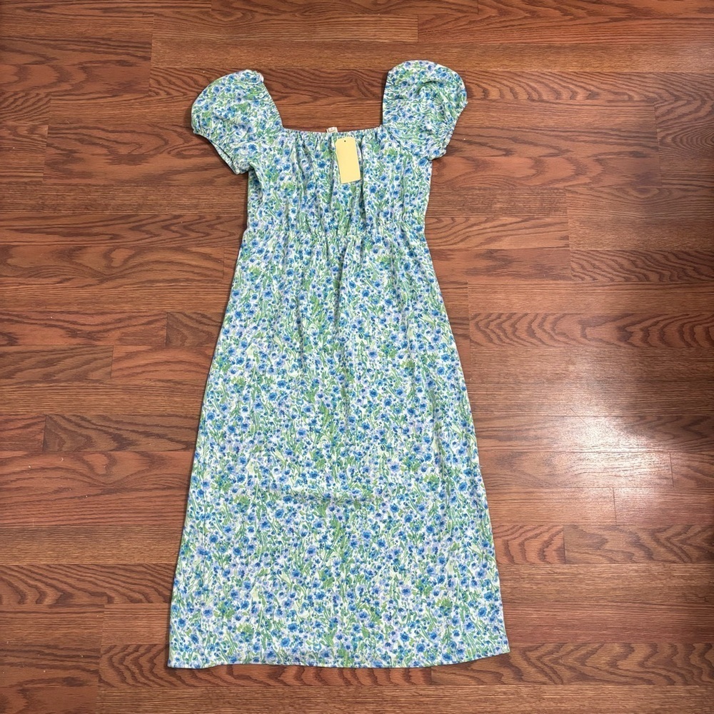 Monteau blue floral puff-sleeve midi dress - Picture 2 of 2